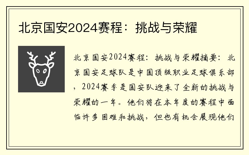 北京国安2024赛程：挑战与荣耀